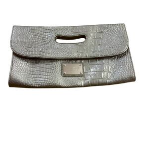 Nine West | Gray Silver Clutch Cream Interior Handle Card Holder Zipper Pocket